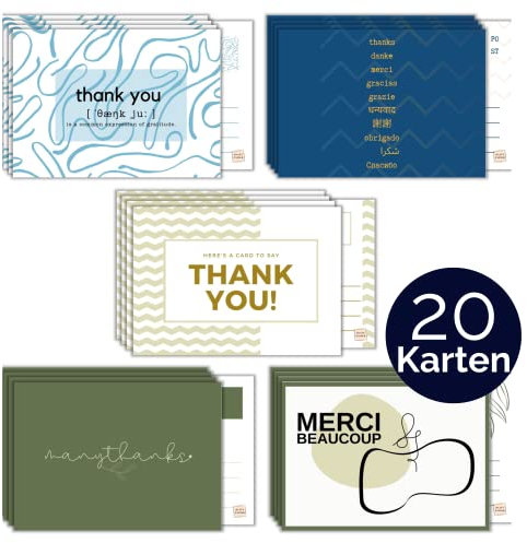 BLATT PAPIER® 20x Premium Dankeskarten (matt) – Danke Postkarten mit weicher Beschichtung vorne – stilvolle Dankeschön Karten – 20er Danke Karten Set – Thank You Cards – Made in Germany