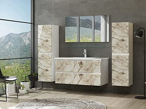 Badmöbel Set mit Schubladen Glas ablage (Diana Weiss Weiss-Marmor, 90 cm 2X Hochschrank)