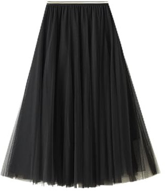DISSA Damen Plain A-Linie Rock Schwarz Midi Tüll Rock,Einheitsgröße,S0803