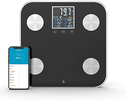 WottoCare - Professionelle Körperfettwaage | Körperanalysewaage mit App | 18 Messungen: Gewicht, Körperfett, Muskeln | BMI Digitalanzeige | Multi-User Fähig | Fortschrittskontrolle | Schwarz