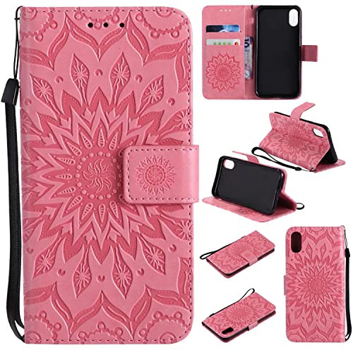 Ttianfa Funda para Apple iPhone XS Carcasa [2 Ranura para Tarjeta+Billetera] [Cierre magnética] [Soporte Plegable] Flor Girasol Correa de Mano 360° Shockproof 2&Protector de Pantalla,Oro Rosa