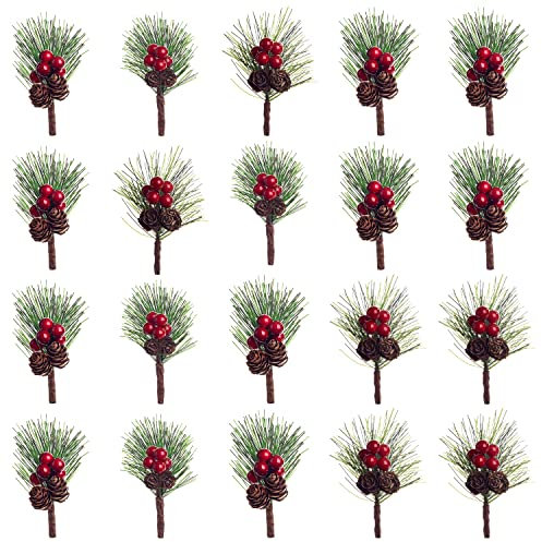 testyu 20 Stück Weihnachtskranz Basteldekoration, Künstliche Pinienspieße mit Kleine Tannenzapfen und Mini Rot Holly Beeren, Kunstpflanzen Blumenstrauß für Weihnachtskranz DIY Craft Grußkarten Blumen