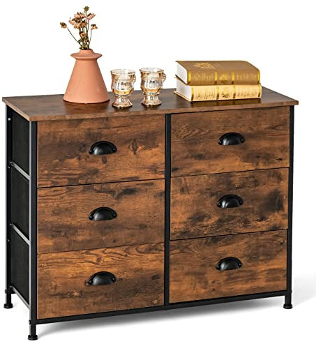 COSTWAY Kommode mit 6 Schubladen, 3-stöckiges Sideboard mit faltbaren Stoffschubladen & rostfreiem Eisenrahmen & Holzplatten, Beistellschrank für Wohnzimmer Schlafzimmer Eingang