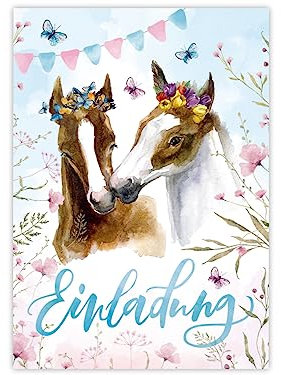 Minkocards 12 Einladungskarten zum Kindergeburtstag Mädchen Pferde Einladungen zum Geburtstag Kinder bunte Geburtstagseinladungen