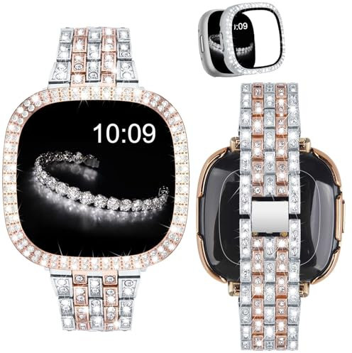 VISOOM Kompatibel mit Fitbit Sense/Versa 3 Armband für Damen mit Schutzhülle, Luxuriöse Bling Diamant Edelstahlband Ersatz für Fitbit Versa 3/Fitbit Sense,Silber/Roségold