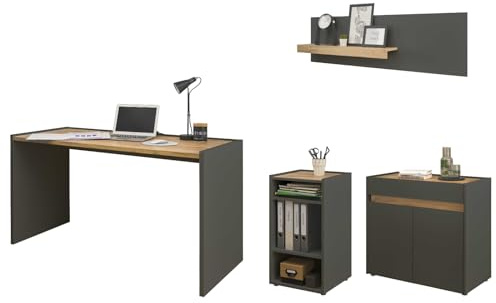 Furn.Design Büromöbel Set in grau matt und Wotan Eiche Holz modern mit Schreibtisch, Kommode und 2 x Regal für Homeoffice und Büro Schreibtisch mit StauraumCenter (Set 1)