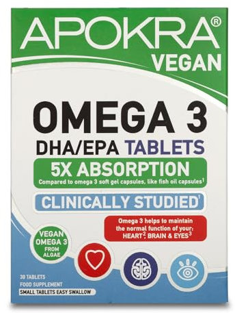 Vegan Omega 3 Tablets from Algae | Fish Free | High in DHA | 5X Absorption | Carrageenan Free | No Heavy Metals | Easy Swallow | 30 Vanilla Coated Tablets | APOKRA