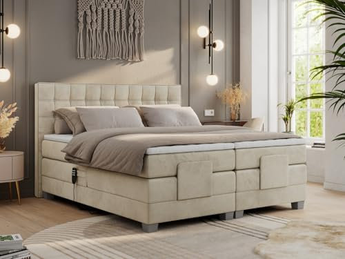 MKS MEBLE Boxspringbett 180x200 elektrisch verstellbar 7-Zonen Taschenfederkern Matratze inkl Visco Topper Bett 180x200 mit Motor Polsterbett Motorbett - Elektro - Beige Velvet - H3
