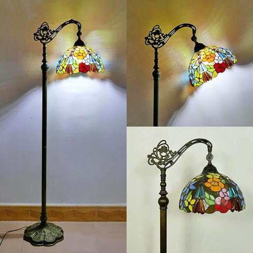 Lampadaire Lampadaire de chambre à coucher de style Tiffany Lampadaire vintage Fleurs Parapluie en verre teinté Lampadaire antique pour café Lampe de salon Lampes de bureau E27 Support de lampe réglab