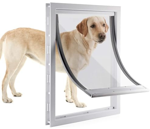 RUYICZB Große Hundeklappe Mit Weicher, Transparenter Magnetklappe Und Einrastbarer Verschlussplatte, Premium-Haustür Aus PVC-Kunststoff Für Große Hunde,Weiß,M