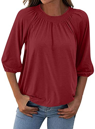 AMDOLE T-Shirts für Damen, 3/4-Ärmel, weich, lässig, Damenblusen und Hemden, wein, XXL