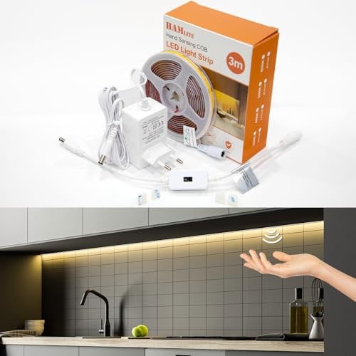 HAMLITE COB Led Streifen 5M, 24V Dimmbar Led Streifen Licht, Handbewegung Aktiviert, 3000K Warmweiß Helles COB LED Lichtband für Innen Schlafzimmer, Wohnzimmer, helles Unterbaulicht, TV, Küche, CRI90+