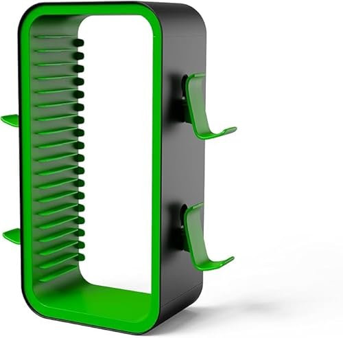 Bestswitch Game Storage Tower for PS5/PS4/Xbox One/Xbox 360/Xbox Series X/S/Switch Game Cases Blu-Ray Disks Organizer, Stores 18 Game, with 4 Controller Holders (Green)