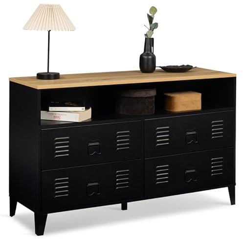 IDMarket - Commode 4 tiroirs Ester 115 cm métal Noir et Plateau façon hêtre avec Niche Design Industriel