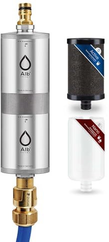 Alb Filter® FUSION Active+Nano Trinkwasserfilter gegen Schadstoffe und Keime | Mobil Gardena Anschluss-Set | Made in Germany (Edelstahl)