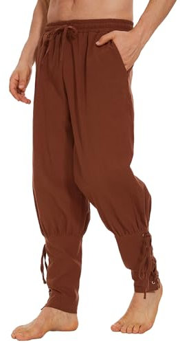 LUYANA Herren Mittelalter Hose Leinenhose Wikinger Kostüm Piratenhose Herren Hosen Braun XL