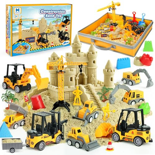Helsort Baustelle Magic Sand-36 Sandmalerei Spielzeugkit mit 8 Bauwagen, faltende Sandkästen, 2,2 Pfund Zaubersand, Kraniche, Arbeiter, Straßenschilder, Formen, Schaufeln - Spielzeug für 3+ Kinder