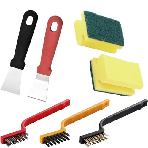 7 PCS Wire Brush Set,2Pcs Oven Scraper Tool,3Pcs Stainless Steel Brass Nylon Brush for Stove Pan,2 Packs Heavy Duty Scrub Sponge,for Induction Hob,Stoves,Cleaning Welding Slag,Rust Removal