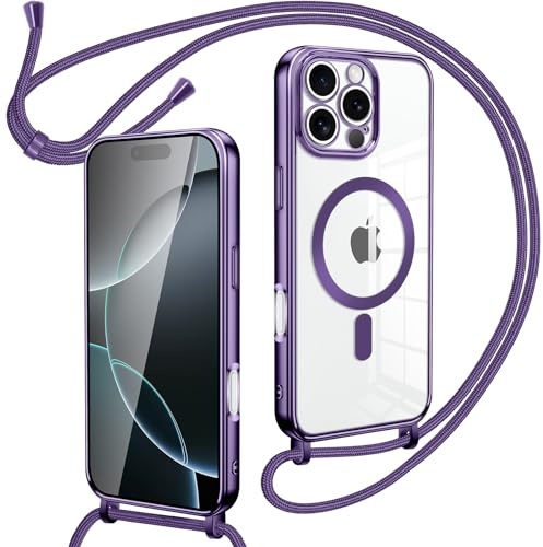 Oelrstfe Cover Magnetica Trasparente con Cordino per iPhone 16 Pro Max con Magnetico,Custodia Sottile con Laccio Collana Tracolla Regolabile Antiurto Case con Collana per iPhone 16 Pro Max-Viola