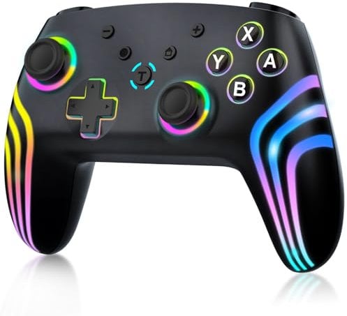 MYSTILUCK Wireless Pro Controller für Switch/Switch 2/Lite/OLED/PC, Gamepad mit 7 Farbwechselnde RGB Beleuchtung/Dual Vibration/6 Achsen Gyroskop/Turbo, Ergonomisch Gestalteter Präzise Joystick