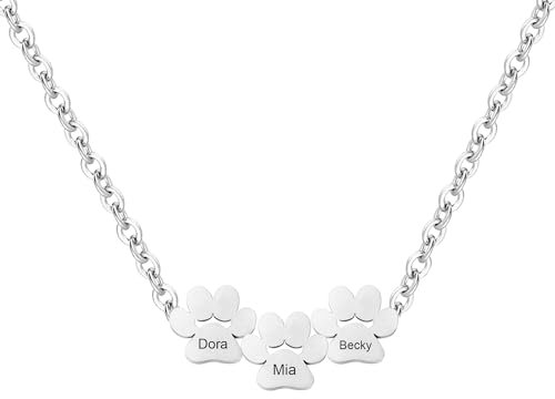 Liskanap Personalisierte Pfote Halskette mit 1-4 Namen Gravur 925 Sterling Silber Hund Katze Namenskette Rose Gold Memorial Haustier Geschenk für Frauen Damen (Silber- max 3 Namen)