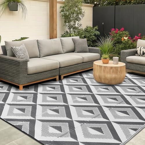 CHOSHOME Outdoor Teppich Wetterfest 120x180cm Wasserdicht Reversible UV-beständig, Kunststoff Garten Teppich für Terrasse Balkon Camping, Langlebig & Leichte Faltbare Matte Grau für Hof RV Garten