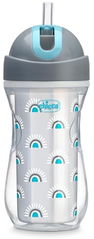 Chicco Double Wall Insulated Flip-Top Sippy Cup with Silicone Straw and Spill-Free Lid 9oz. | Top-Rack Dishwasher Safe | Easy to Hold with Ergonomic Indents | Sunburst Silver/Blue | 12+ Months
