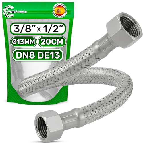 Flexible Eau 20cm Femelle 3/8” x Femelle 1/2” DN8 DE13 Température max 70°C | Tuyau Flexible Plomberie Fabriqué en Acier Inoxydable Pression de Service 10 bar - Garantie de 5 Ans - ONIX TECH