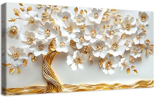 Blanc Fleur Dorée Impression sur Toile Cadre en bois Tableau Affiche Decoration Murale Arbre de Vie à feuilles d'or Peinture Image sur Toile Tableau Decoration Murale Salon Chambre Hôtel 50x100cm