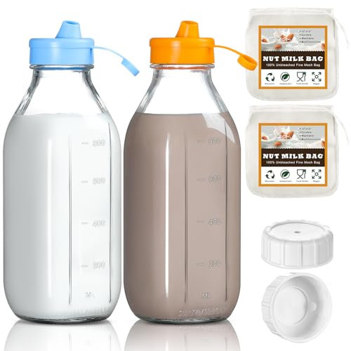 2 Pack Milk Bottle with 2 Pcs Nut Milk Bag, 32 Oz Reusable Glass Bottles with 2 Dispenser Cap and 2 Airtight Lids, Breast Milk Pitcher, Juice container for refrigerator, Water Jug, Syrup, Honey