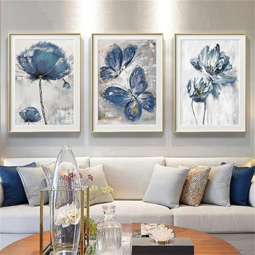 3er Poster Set Blau Wandbilder Wohnzimmer, Aesthetic Bilder Wandcollagen Aesthetic Deko Set, Blau Skandinavischen Blume Aura Poster, Ohne Rahmen Abstrakt Leinwand Wandposter (#01, 21x30 cm, Ungerahmt)