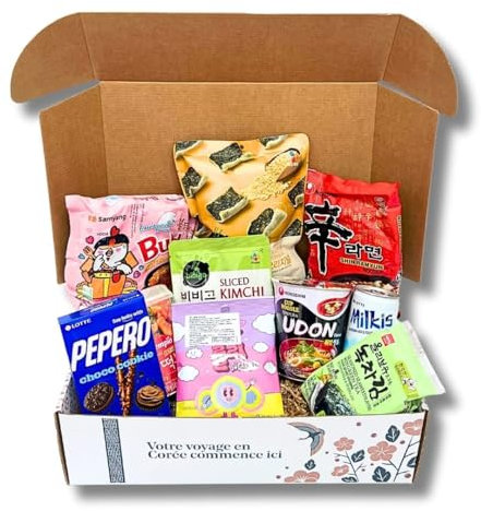 Korean Market | Boîte surprise nourriture coréenne (édition de départ) | Pour 1 ou 2 personnes | Snacks, Ramen, Kimchi, Tteokbokki, algues, sucreries et baguettes