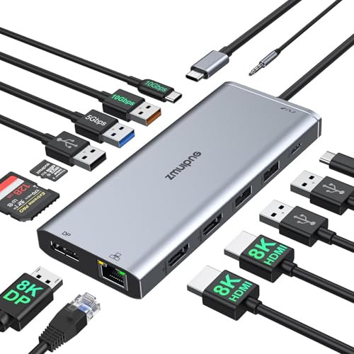 USB C Docking Station Triple Monitor 8K Display, 14 IN 1 Laptop DockingStation,USB C Hub Mit Dual HDMI,DP,USB 3.1&3.0,100W PD, USBC Data,Ethernet,SD/TF,Audio/Mic für Dell HP Lenovo