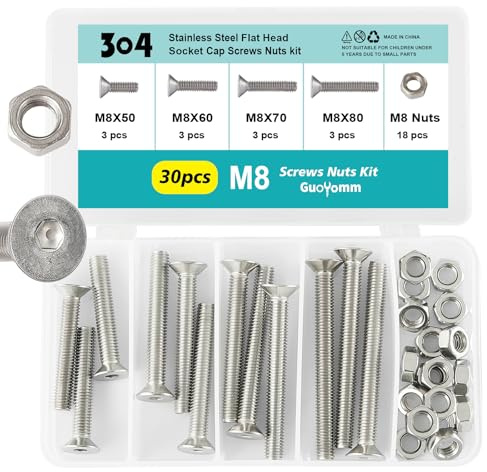 GuoYomm 30 pezzi viti a testa svasata M8 in acciaio inossidabile con dadi 304 vite a testa ribassata, vite a testa svasata inossidabile argento con esagono interno viti filettatura metrica standard