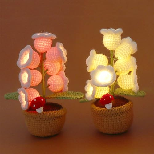 GUUZETU Handgefertigte Häkel-Blumenlampe, Maiglöckchen-Lampe, künstliche Blumen, handgefertigter Häkel-Blumentopf mit 7 warmen LEDs, kabellose Tischlampen für Freundin, Geburtstag, Weihnachten (A1)