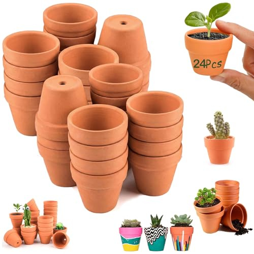 HSDLEWJ Lot de 24 Pots de Fleurs en Argile Terre Cuite avec Trou de Drainage, 3,5 x 3 cm, Mini Pots Réutilisables pour Décoration Intérieure et Extérieure