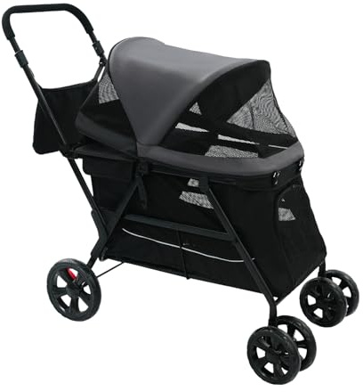85*57*101cm Hundewagen Hundebuggy klappbar mit 30kg Tragkraft und Kletterbrett,Hundebox Tragetasche mit 360°-Lenkrollen und atmungsaktivem Netz,Schwarz Katzenwagen für kleine und mittelgroße Tiere