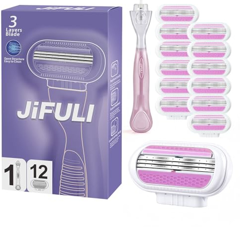 JiFULI Damen Rasierer, wiederverwendbarer Griff, 12 original Ersatzpatronen mit 3 Klingen,Rasierer Damen Intimbereich Intim Frau Intimzone Intimrasierer Für Frauen (Rosa)