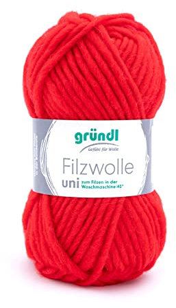 Gründl Filzwolle uni (Wolle zum Filzen, Stricken und Häkeln, Garn aus 100% Schurwolle, 50 g / 50 m, Nadelstärke: 8-9, 1 x 50 g), Signalrot