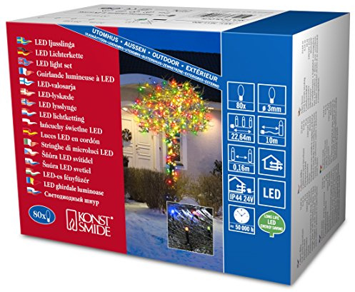 Konstsmide Christmas Lights/LED Fairy Lights/Christmas Tree Lights Outdoor or Indoor (IP44)/24V Transformer Plug In/80 Multi Coloured Diodes/Black Cable String Lights, 3611-500