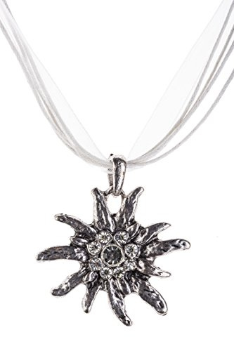 Trachtenkette Edelweiss Trachtenschmuck - Trachten Kette mit feinem Strass in div. Farben - Halskette für Dirndl und Lederhosen (Weiss)