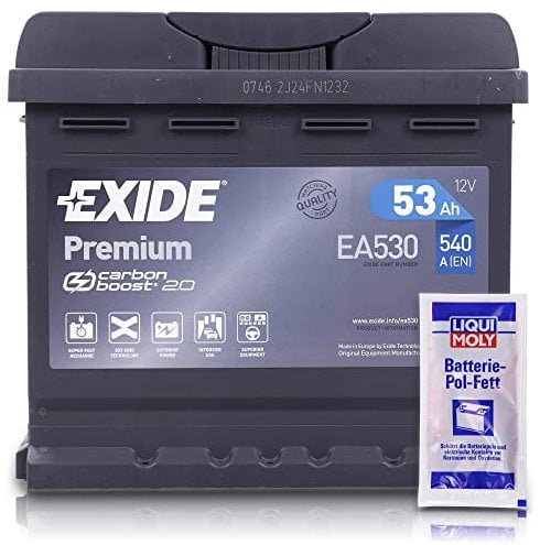 EXIDE EA530 Premium Carbon Boost Autobatterie 12V 53Ah 540A Starterbatterie PKW KFZ Batterie - Ersetzt 45 46 47 48 50 Ah + 1x Batteriepolfett