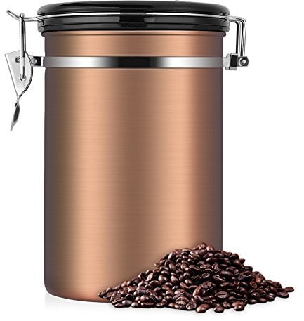 eecoo Kaffeedose, Kaffeedose Luftdicht, Kaffeedose Edelstahl, Kaffeebehälter Luftdichte Aromadose Vorratsdose Edelstahldose Vakuum Dose für Kaffeebohnen, Pulver, Tee, Nüsse, Kakao(Goldene, 1.8 Liter)
