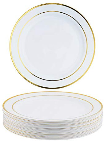 MATANA 25 Assiettes à Dessert en Plastique Blanc avec Bordure Dorée (19cm), Petites Assiettes pour Mariages, Anniversaires, Noël & Fêtes - Solide & Réutilisable