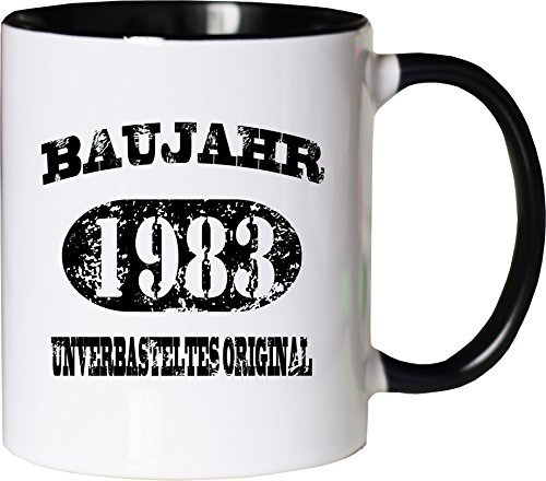 Mister Merchandise Becher Tasse Baujahr 1983 unverbasteltes Original Kaffee Kaffeetasse liebevoll Bedruckt Jahrgang Originalteile Parts Made in Weiß-Schwarz