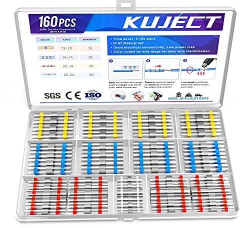 Kuject WT160 160PCS Solder Seal Wire Connectors Kit, Waterproof Solderless Heat Shrink Butt Terminal Insulated Electrical Butt Splice for Automotive Marine Boat Wire Joint