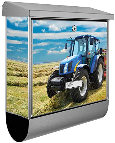 banjado® Burgwächter Briefkasten Edelstahl 38x39x12cm mit Motiv Traktor/Briefkasten Edelstahl ohne Zeitungsfach/Briefkasten grau/Postkasten inkl. Montagematerial & 2 Schlüsseln
