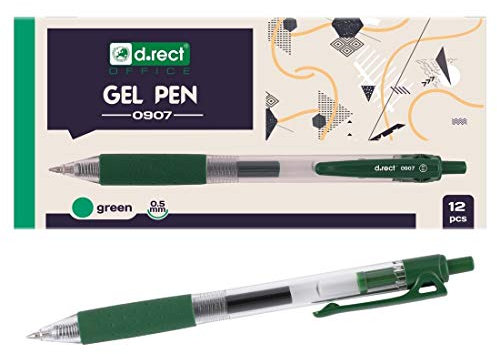 D.RECT 0907 12 Stück | Gelschreiber Druckgelschreiber | Gelstifte feine Spitze | Gummierte Grip Grün
