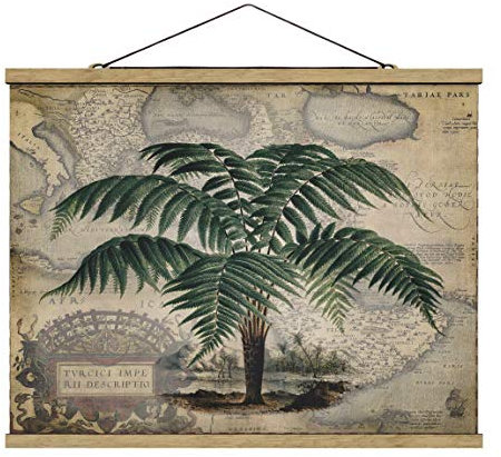 Stoffbild mit Posterleisten - Vintage Collage - Palme Weltkarte - 26x35cm Eiche