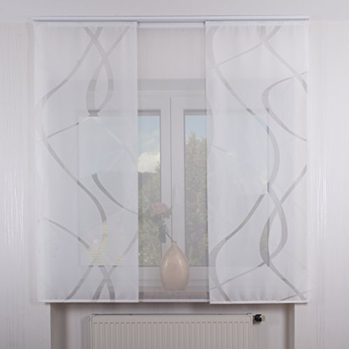 College Gardinen 3er Set Schiebegardine Flächenvorhang inkl. Zubehör (in versch. Längen) Feline-Teresa II, Farbe:weiß, Vorhanglänge:175 cm, Farbe Paneelwagen:Silber